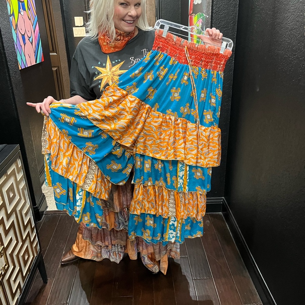 Boho Tiered Ruffle Wide Leg Pants  in Teal and Orange - sari silk